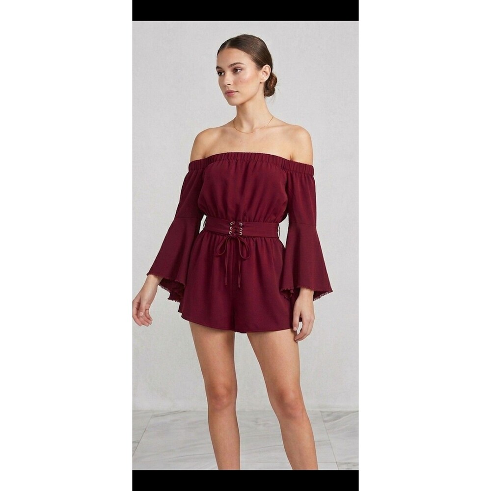 Fashion Nova Off Shoulder Red Floral Bell Sleeve Romper Size Small